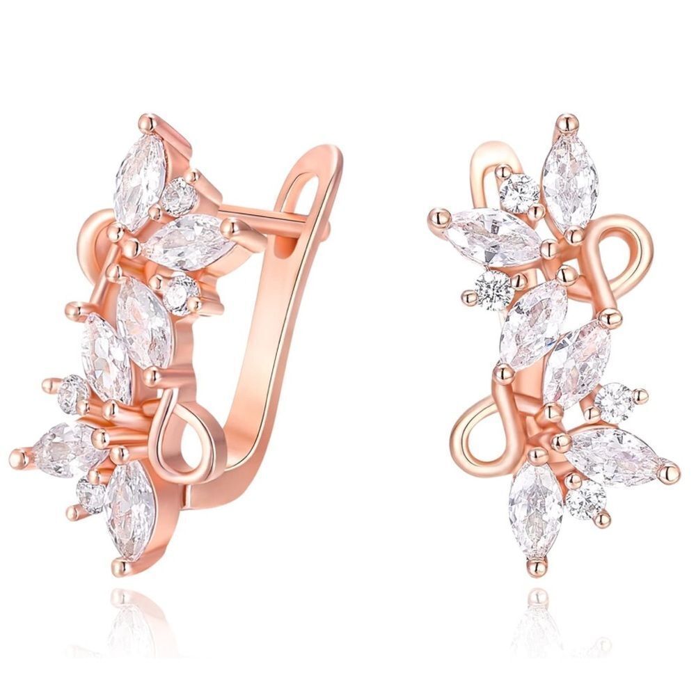 Rose Gold with White Diamond Cubic Zirconia French Clip Post Flower Earrings